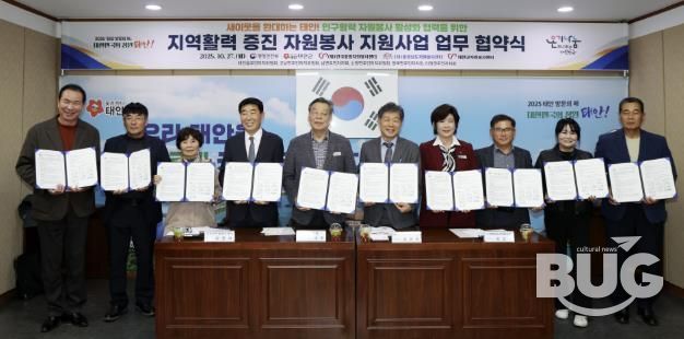 27일 군청 소회의실에서 진행된 업무협약식 모습(사진 왼쪽부터 변영민 남면주민자치회장, 김기철 이원면주민자치회장, 박정희 소원면주민자치위원장, 이원희 태안군자원봉사센터장, 가세로 태안군수, 김의욱 한국중앙자원봉사센터장, 오선희 충청남도자원봉사센터장, 김관래 태안군주민자치협의회장, 전미화 태안읍주민자치위원장, 고덕종 고남면주민자치위원장).